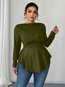 Celure Plus Size Women Off Shoulder Long Sleeve Cinched Waist A-Line T-Shirt Top - Army Green - View 6