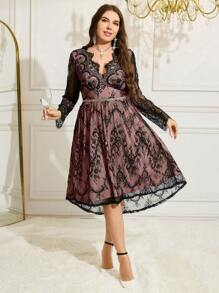 SHEIN Clasi Plus Size Autumn Formal Dress, Black Mesh Embroidered Asymmetrical Hem A-Line Maxi Gown
