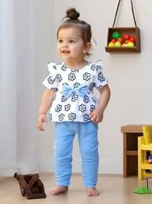 SHEIN 2 stuks/set babymeisje zomer schattige ruches mouw ronde hals strik decor bloemenprint T-shirt & effen kleur elastische taille broek outfit, casual & schattig voor buiten