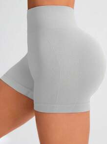 SHEIN Sports Women High Waist Solid Color Casual Fitness Sports Yoga ShortsWomen Sweat Short, Gym Short, Biker Short - Light Grey - View 4