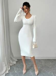 Calvaya Vestido de punto elegante con cuello en V, dobladillo floral y abertura lateral para mujer para el invierno