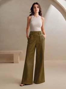 Anewsta Vintage Distressed Wide Leg PU Leather Pocket Pants, Business Casual Women For Spring/Summer - Army Green - View 3