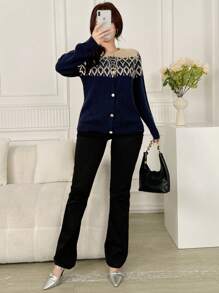 Seusyu Women's Geometric Pattern Crew Neck Raglan Sleeve Casual Cardigan, Autumn/Winter - Multicolor - View 1