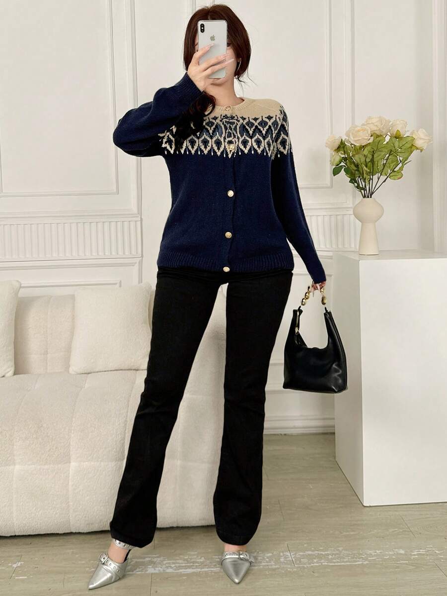 Seusyu Women's Geometric Pattern Crew Neck Raglan Sleeve Casual Cardigan, Autumn/Winter - Multicolor - View 1