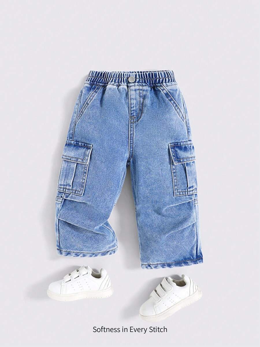 Cozy Pixies Baby Boys Stonewashed Casual Elastic Waistband Soft Work Baggy Wide Leg Denim Pants With Side Pockets,Leisure And Versatile Outdoor Wear Outfits