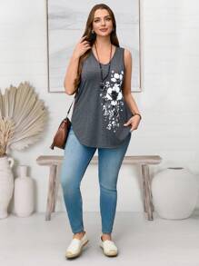 EMERY ROSE Plus Size Women's V-Neck Sleeveless Curved Hem Floral Offset Casual Top, Spring Outfits For Women Summer Outfits For Women,Flower/Vacation - Grey - View 6