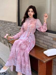 DAZY Vestido midi con mangas abullonadas y estampado floral con cinturón para la cintura para mujeres, elegante vestido de otoño