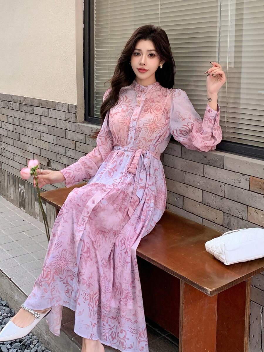 DAZY Vestido midi con mangas abullonadas y estampado floral con cinturón para la cintura para mujeres, elegante vestido de otoño