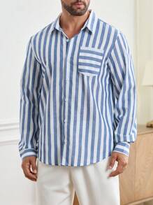 Manfinity Homme Herren Lässig Gestreiftes Langarmhemd, Herbst - Blau-Weiß - Übersicht 2