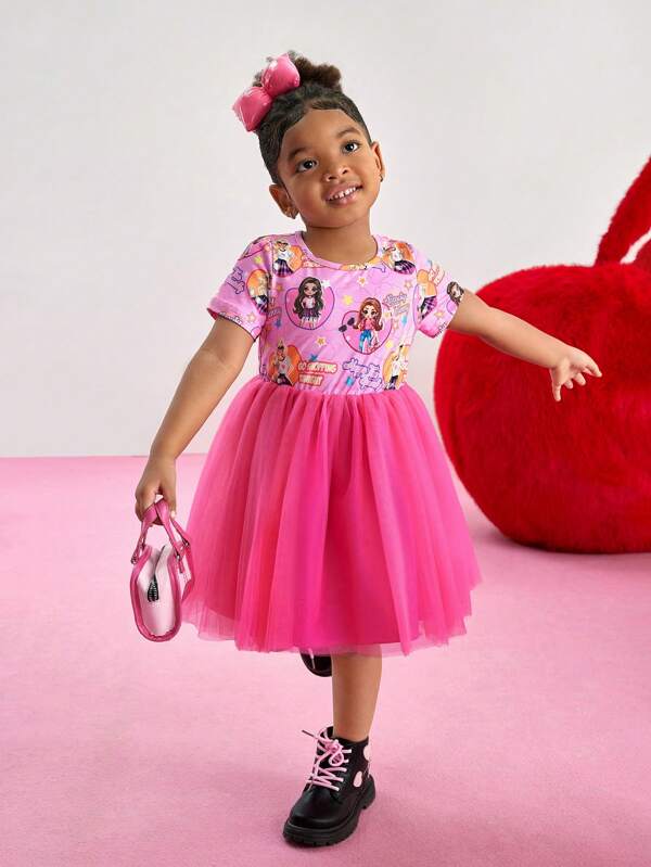 Young Girl Round Neck Short Sleeve Mesh Splice Minimalist Dress