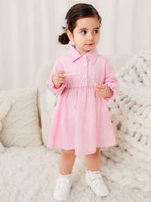 SHEIN 2 件套女婴幼儿百搭纯色休闲时尚衬衫裙，带可拆卸披肩，适合外出，玫红色连衣裙套装 - 玫紅色 - 查看 5