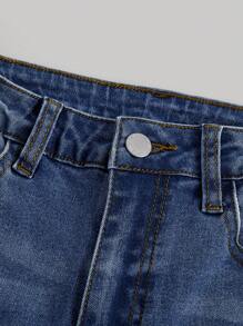 SHEIN 少女休闲前口袋破洞简约牛仔裤 - 深色水洗藍 - 查看 4