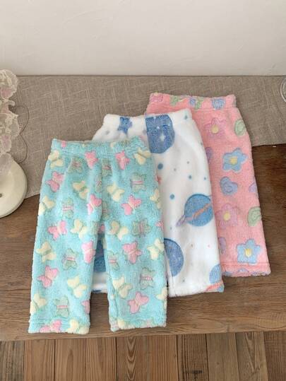 SHEIN 3 piezas Pantalones de salón térmicos y cálidos para niñas bebé con diseños adorables de estrella, pata de gato, pata de perro y mariposa, aptos para uso en interiores y exteriores, otoño/invierno