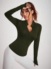 Women's Solid Color Zipper Half Placket Long Sleeve Breathable Yoga Sports Sweatshirt With Open Back - Army Green - View 3