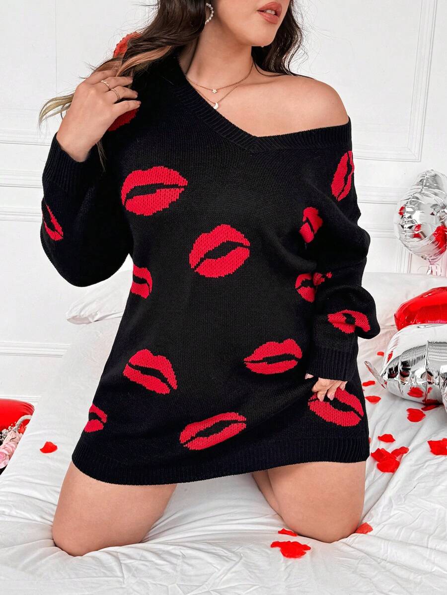 Flirla Oversized Romantic Valentine's Day Red Lips Print V-Neck Long Sleeve Sweater Dress - Black - View 1