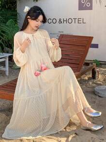 DAZY Women Solid Color Round Neck Lantern Sleeve Loose Long Dress, Ruffle Dress - Beige - View 2