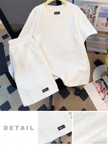 SHEIN Leap Crew 2pcs Set Teen Boy's Short Sleeve T-Shirt & Shorts Casual 2pcs/Set Letter Embossed, Urban, Basic, Plain;Spring Wear; Teen Boys' Clothing; Teen Boy' Jackets, Spring Back To School - White - View 1