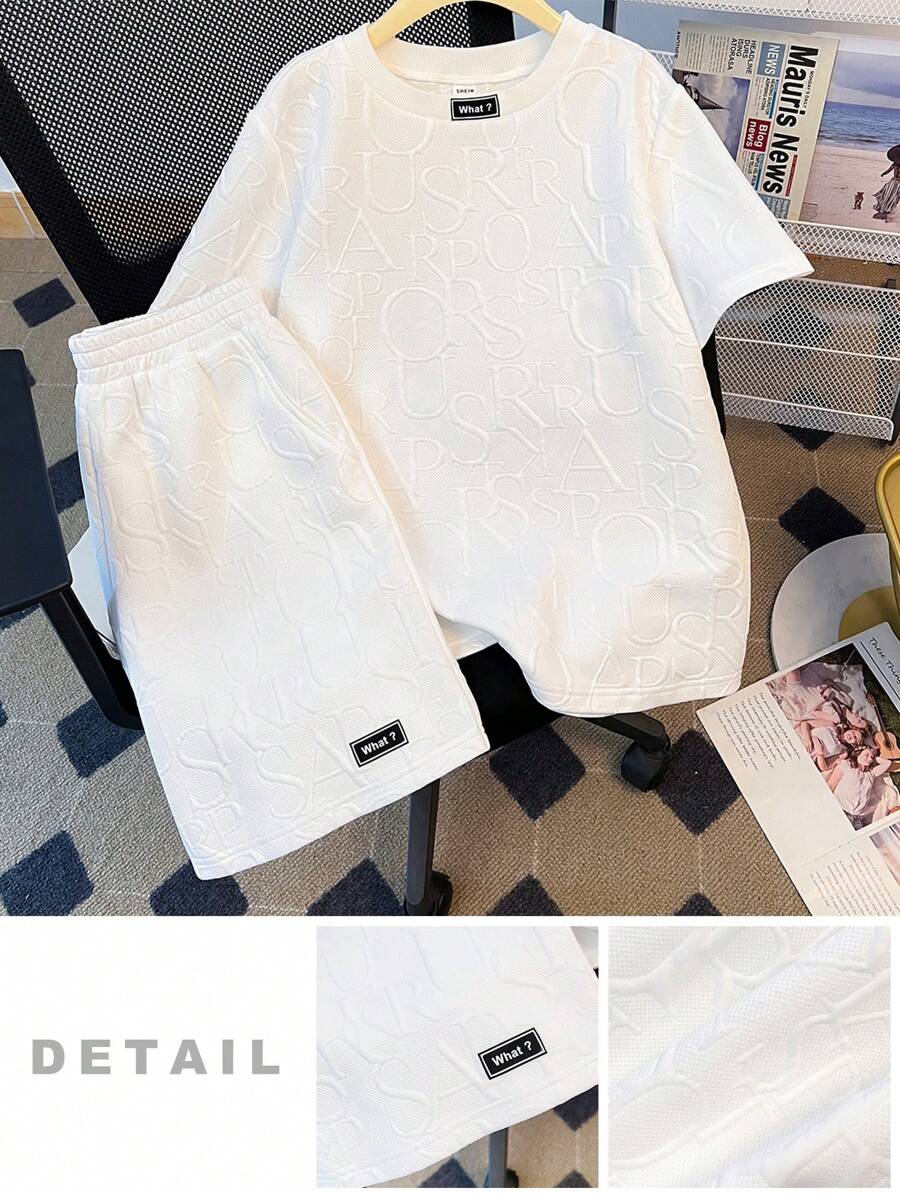 SHEIN Leap Crew 2pcs Set Teen Boy's Short Sleeve T-Shirt & Shorts Casual 2pcs/Set Letter Embossed, Urban, Basic, Plain;Spring Wear; Teen Boys' Clothing; Teen Boy' Jackets, Spring Back To School - White - View 1
