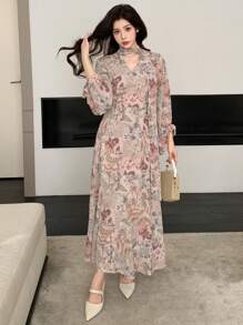 DAZY Women's Floral Print V-Neck Ruffle Long Dress, Pink, Spring/Fall Long Sleeve Dress Maxi Dress - Pink - View 4