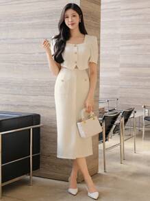 DAZY 2pcs/Set Solid Color Short Puff Sleeve Split Hem Skirt Suit Work Women Clothes - White - View 6