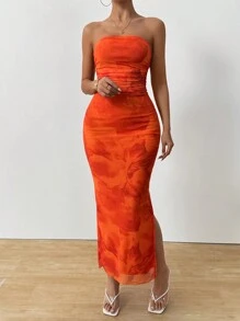 Rafferiza 女士花卉印花修身长裙 - 橘色 - 查看 6