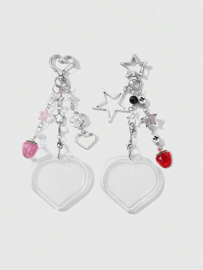 Kawaii 2 pezzi di set composto da ciondolo a catena d argento minimalist e alla moda in stile Y2K di alta qualità, e portachiavi con cornice portafoto in acrilico a forma di cuore di fragola con perle finte, adatto per coppie, migliori amici, sorelle, per uso quotidiano o come regalo per le vacanze