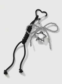 ROMWE Kawaii 2 件 Y2K 时尚甜美哥特式黑色和银色 CCB 仿珍珠蝴蝶结 3D 星形吊坠钥匙扣，适合姐妹、情侣、闺蜜日常佩戴或节日礼物、万圣节 - 彩色 - 查看 4
