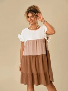 Travachic 大码女式海滩度假风格拼色拼接 A 字型无袖连衣裙，夏季大码夏季连衣裙大码休闲连衣裙大码棕色连衣裙 - 卡其色 - 查看 6