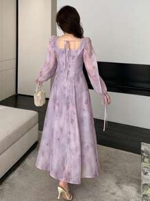 DAZY Đầm dài tay cổ vuông in hoa dáng ôm thoải mái cho nữ, thích hợp cho mùa thu và lễ Phục sinh. - Màu tím - Xem 5