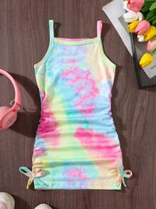 Sukienka dziewczęca z nadrukiem tie-dye i ramiączkami typu spaghetti, ściągana sznurkiem, letnia