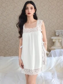 Đồ ngủ nữ dây buộc rộng thoải mái mềm mại thân thiện với da Countryside - trắng - Xem 5