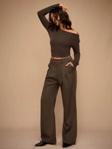 Forever 21 Brand New Winter High Waist Pleated Slim Straight Casual Loose Office Work Pants Women's Winter Trousers - Coffee Brown - View 4