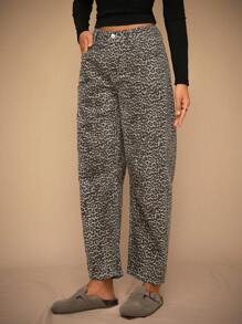 Forever 21 冬季新款低腰茧型豹纹牛仔裤长裤新年女装冬装女士打底裤宽松牛仔裤 - 彩色 - 查看 6