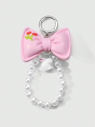 Kawaii 1 pieza Llavero de conejo de resina con colgante de perla falsa blanca de alta gama, bordado rosa en forma de lazo de cereza, hecho a mano, kawaii y adorable, adecuado como regalo de vacaciones o para uso diario de niñas