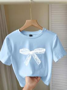 Comfortcana 夏季蝴蝶结印花短袖 T 恤 - 淺藍色 - 查看 5