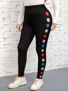 SHEIN LUNE Plus Size Women Floral Print Skinny Leggings, Sports & Casual Wear Vacation Outfits Woman Black Leggings Summer Outfits For Women