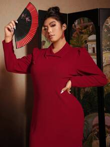 SHEIN VCAY Robe à manches longues pour femmes de grande taille avec col, couleur unie élégante - Rouge - Voir 5