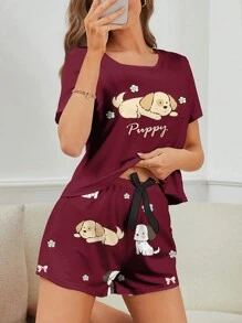 CoupledUp 2-teiliges Set Damen Hunde Muster Rundhals Kurzarm T-Shirt und Shorts Pyjama