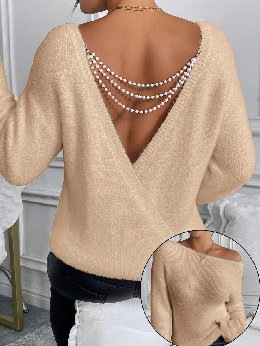 SHEIN Clasi Damen Winter Lässig eleganter französischer Stil Kunstpelz dick warm Pullover mit abnehmbarer klassischer Perlenketten Dekoration, Rücken V-Ausschnitt Design, geeignet für Feiertage, Arbeit, Ausgänge, Partys, Treffen und Einkaufen. - Aprikosenfarben - Übersicht 1