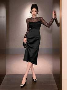 DAZY Women Casual Lace Patchwork Round Neck Long Sleeve Bodycon Black Elegant Dress Prom Dress