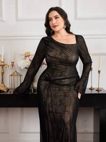 Modelyn Plus Size Asymmetrical Neckline Long Sleeve Casual Fitted Dress - Black - View 2