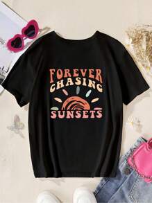Teen Girls' Sun Art Painted Creative Letter Printed T-Shirt With Aesthetic Summer Casual Top - Black - View 2