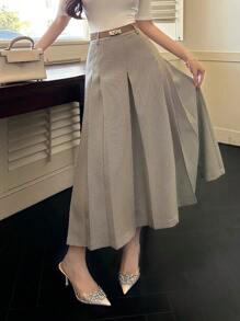 DAZY Women's Pleated Long Elegant Plaid A-Line Skirt - Khaki - View 6