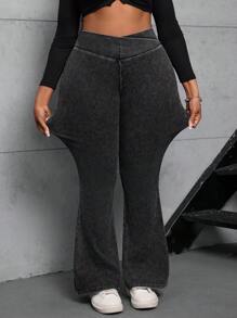Dripcurv Plus Size Blue Denim Jeans, Casual Skinny Elastic Criss-Cross Waist Flare Leg, High Waist Leggings