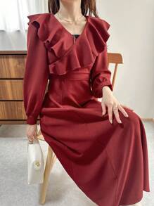 FRIFUL Damen Weihnachts Midi-Länge Kleid mit Rüschenkante, Herbstkleidung Langarm Kleid, Neujahr - Rot - Übersicht 8