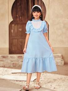 SHEIN Tween Girls Loose Casual Patchwork Color Block Ruffle Collar Puff Sleeve Midi Dress - Blue - View 5