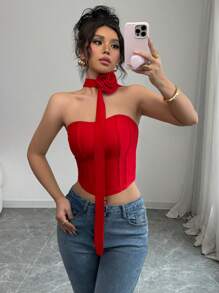 Elenzga Top corto con bandeau estilo flor de rosa, color rojo, adecuado para el Día de San Valentín, citas nocturnas, uso informal