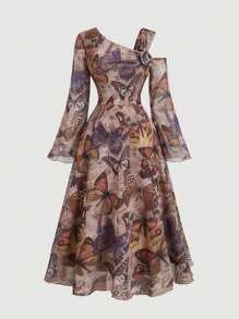 SHEIN MOD 大码不对称蝴蝶印花喇叭袖连衣裙 - 彩色 - 查看 1