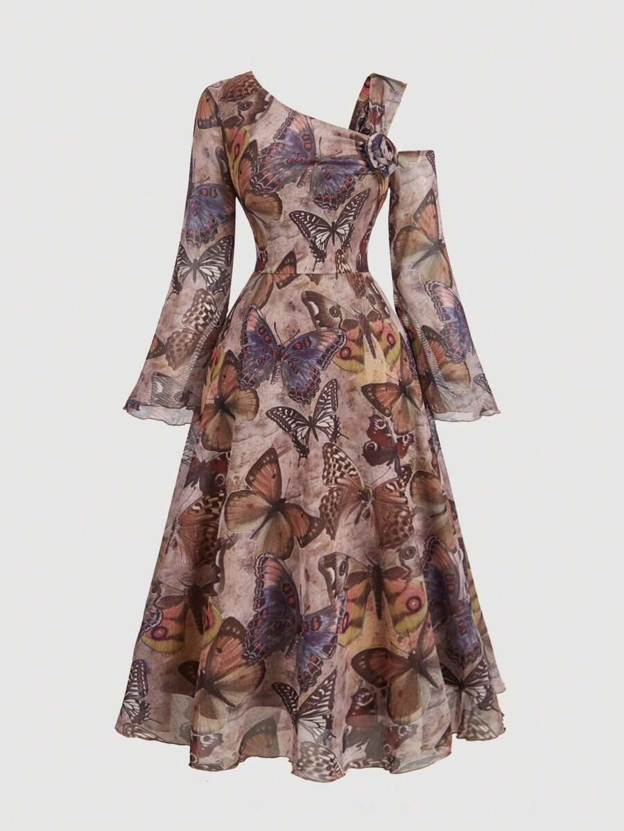 SHEIN MOD 大码不对称蝴蝶印花喇叭袖连衣裙 - 彩色 - 查看 1