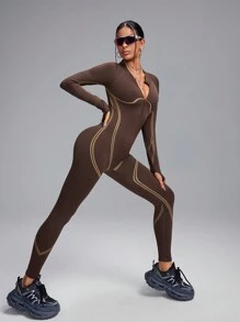 Innovista Seamless Brown 3d Dynamic Lines Sports Jumpsuit,Tummy Control & Butt-Lifting Overall,Workout Outfits,Daily Casual & Yoga Fitness,Tummy Control & Butt-Lifting,Yoga, Women Outfit,Jumpsuits For Woman,Skiing,Hiking, Outdoor,Cycle - Coffee Brown - View 8